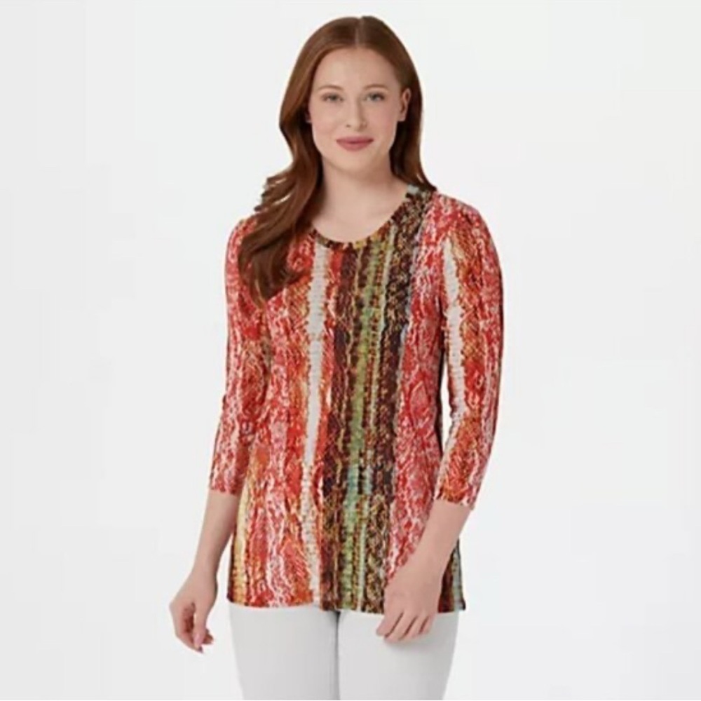 LOGO Lori Goldstein Scarlet Snake Print Mesh Sheer 3/4 Sleeve Top Size Large